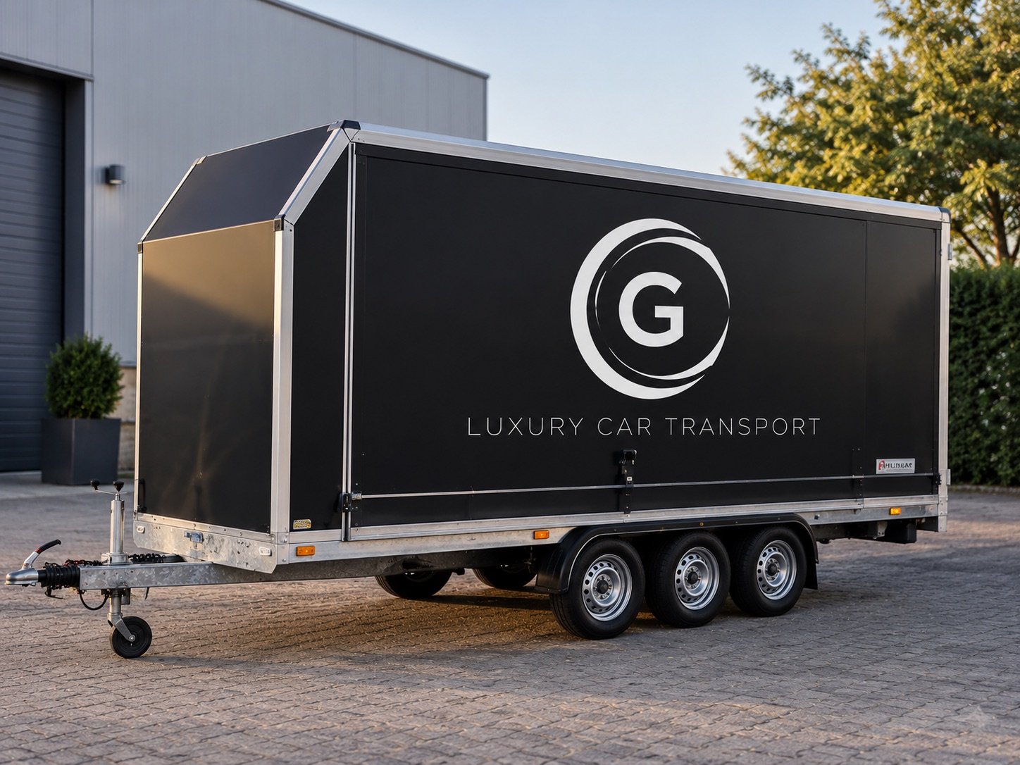 Geschlossener Luxury Car Transport Anhänger von GNP mit Logo