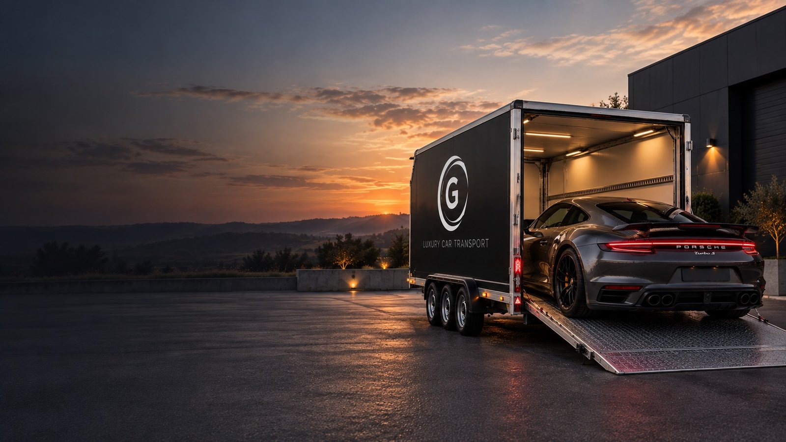 Sportwagen wird bei Sonnenuntergang in den GNP Transportanhänger verladen